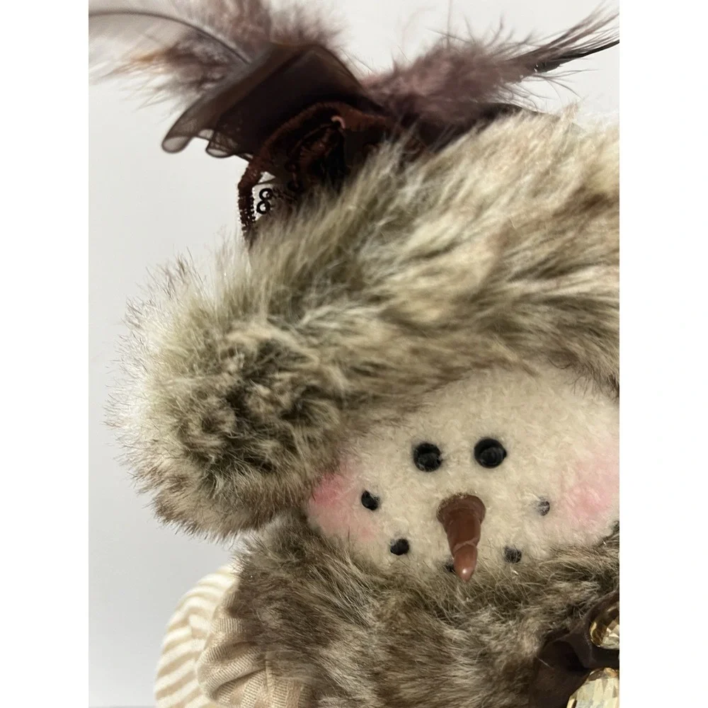 Christmas Decorative Snowwoman Plush Faux Fur Hat & Coat Brown Tan Feathers 16